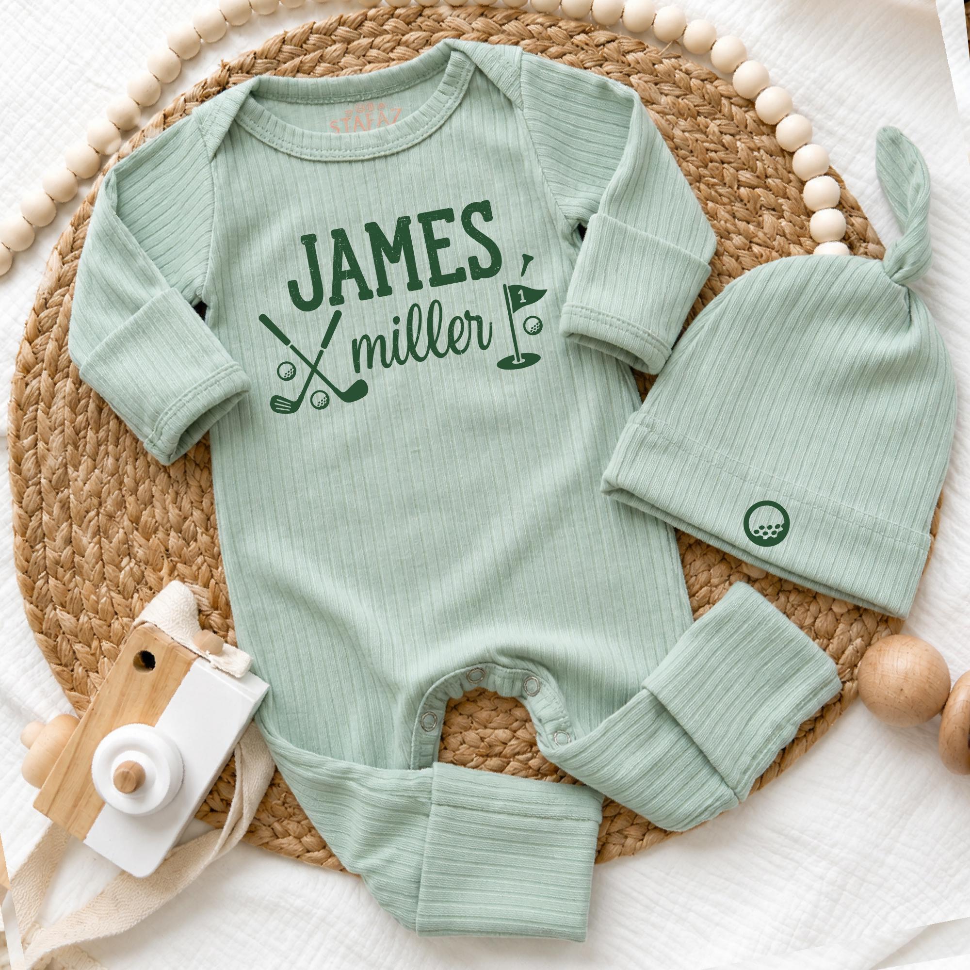 Custom Baby Name Golf Theme Coming Home Outfit, Soft Cotton Bodysuit and Hat Set for Baby Boy, Perfect Baby Shower or Newborn Gift