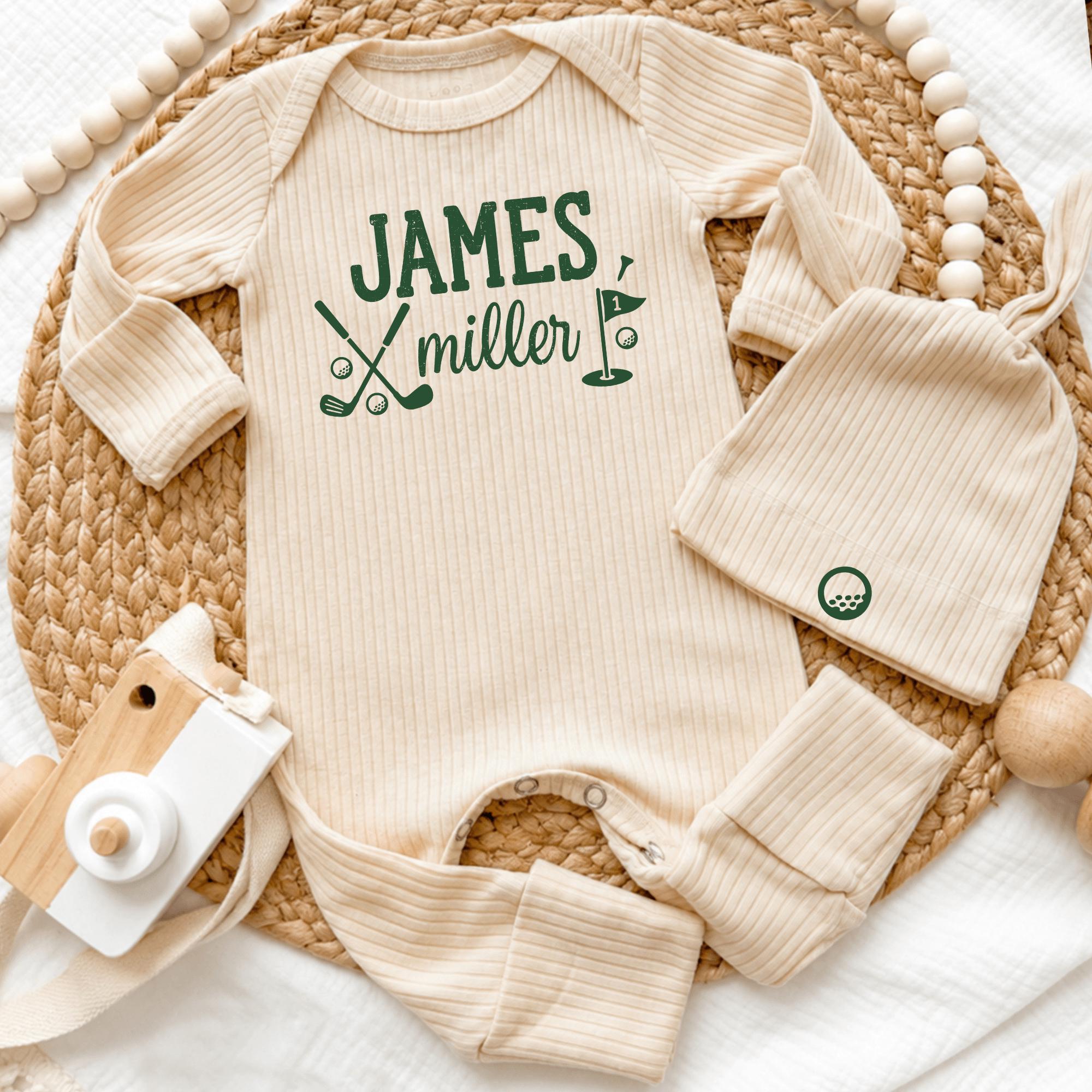 Custom Baby Name Golf Theme Coming Home Outfit, Soft Cotton Bodysuit and Hat Set for Baby Boy, Perfect Baby Shower or Newborn Gift