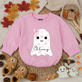 Custom Baby Pink Halloween Ghost Bubble Romper with Floral Motifs and Name, Soft Cotton Matching Family Outfit, Baby Shower or Fall Gift