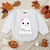 Custom Baby Pink Halloween Ghost Bubble Romper with Floral Motifs and Name, Soft Cotton Matching Family Outfit, Baby Shower or Fall Gift