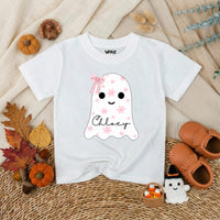 Custom Baby Pink Halloween Ghost Bubble Romper with Floral Motifs and Name, Soft Cotton Matching Family Outfit, Baby Shower or Fall Gift