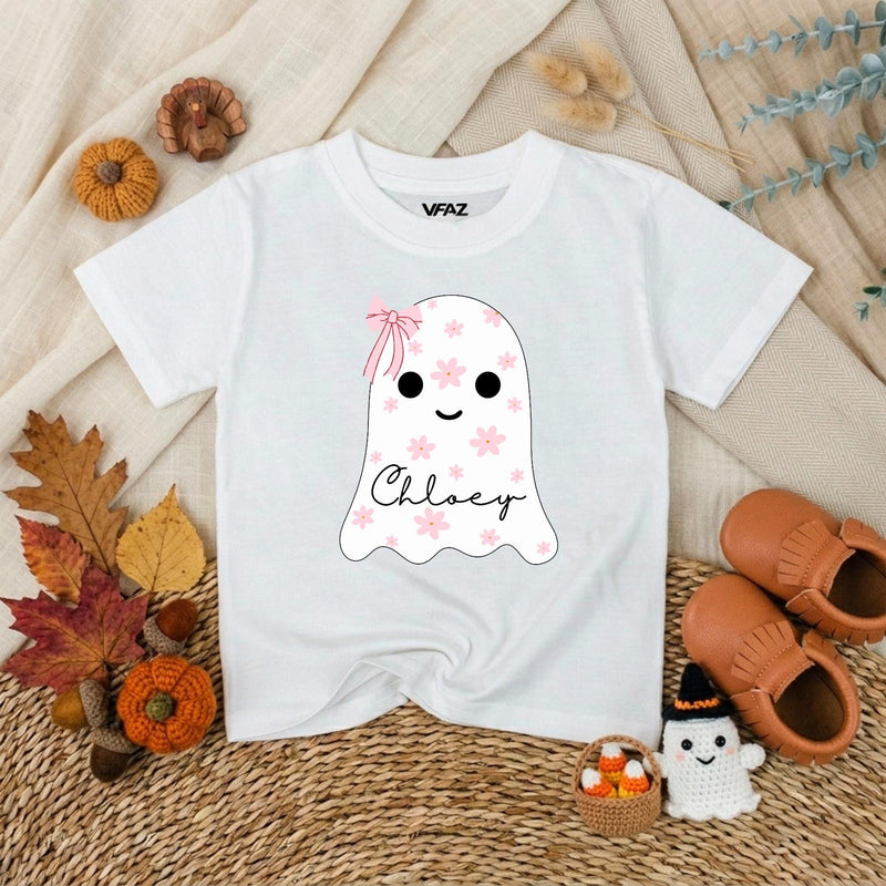 Custom Baby Pink Halloween Ghost Bubble Romper with Floral Motifs and Name, Soft Cotton Matching Family Outfit, Baby Shower or Fall Gift