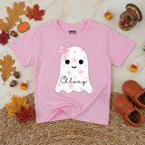 Custom Baby Pink Halloween Ghost Bubble Romper with Floral Motifs and Name, Soft Cotton Matching Family Outfit, Baby Shower or Fall Gift