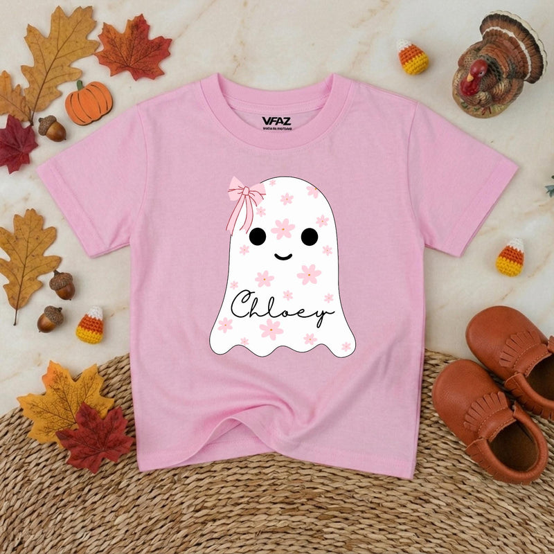 Custom Baby Pink Halloween Ghost Bubble Romper with Floral Motifs and Name, Soft Cotton Matching Family Outfit, Baby Shower or Fall Gift