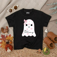 Custom Baby Pink Halloween Ghost Bubble Romper with Floral Motifs and Name, Soft Cotton Matching Family Outfit, Baby Shower or Fall Gift