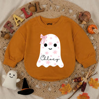 Custom Baby Pink Halloween Ghost Bubble Romper with Floral Motifs and Name, Soft Cotton Matching Family Outfit, Baby Shower or Fall Gift