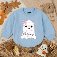 Custom Baby Pink Halloween Ghost Bubble Romper with Floral Motifs and Name, Soft Cotton Matching Family Outfit, Baby Shower or Fall Gift