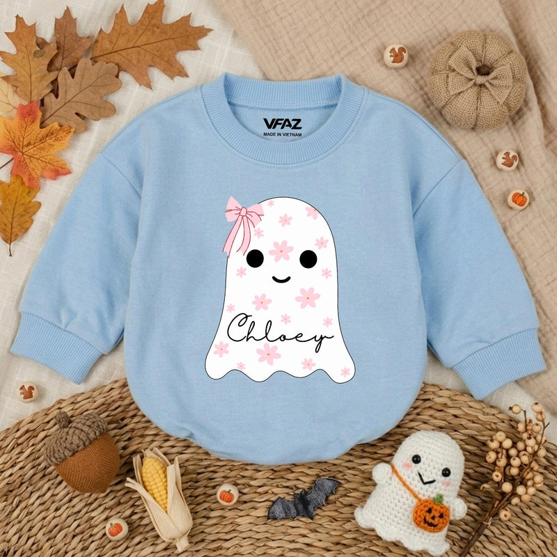 Custom Baby Pink Halloween Ghost Bubble Romper with Floral Motifs and Name, Soft Cotton Matching Family Outfit, Baby Shower or Fall Gift