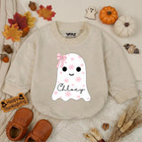 Custom Baby Pink Halloween Ghost Bubble Romper with Floral Motifs and Name, Soft Cotton Matching Family Outfit, Baby Shower or Fall Gift