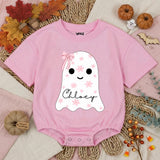 Custom Baby Pink Halloween Ghost Bubble Romper with Floral Motifs and Name, Soft Cotton Matching Family Outfit, Baby Shower or Fall Gift
