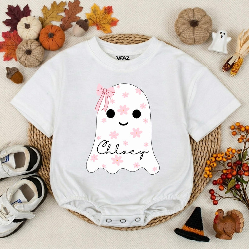 Custom Baby Pink Halloween Ghost Bubble Romper with Floral Motifs and Name, Soft Cotton Matching Family Outfit, Baby Shower or Fall Gift