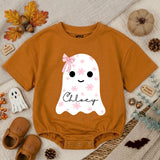 Custom Baby Pink Halloween Ghost Bubble Romper with Floral Motifs and Name, Soft Cotton Matching Family Outfit, Baby Shower or Fall Gift