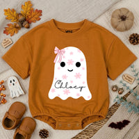Custom Baby Pink Halloween Ghost Bubble Romper with Floral Motifs and Name, Soft Cotton Matching Family Outfit, Baby Shower or Fall Gift