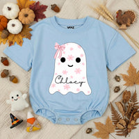 Custom Baby Pink Halloween Ghost Bubble Romper with Floral Motifs and Name, Soft Cotton Matching Family Outfit, Baby Shower or Fall Gift