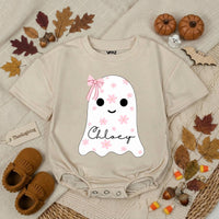Custom Baby Pink Halloween Ghost Bubble Romper with Floral Motifs and Name, Soft Cotton Matching Family Outfit, Baby Shower or Fall Gift