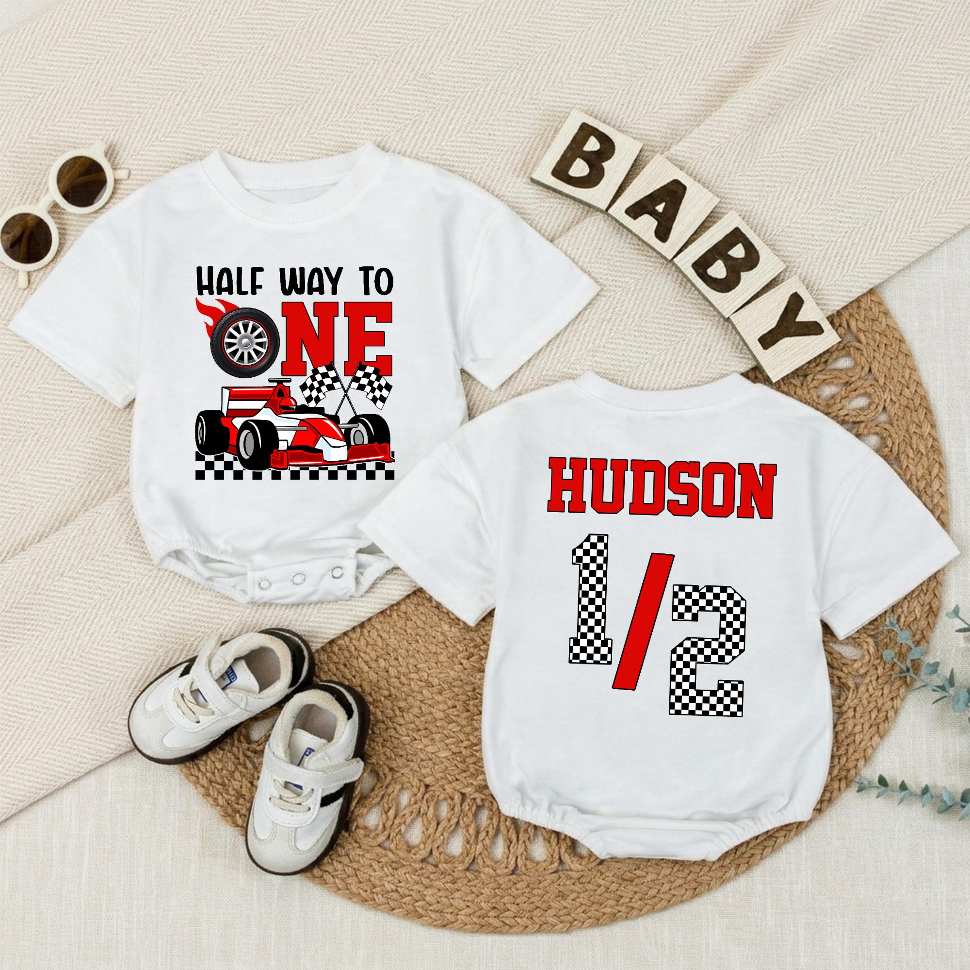 Custom Baby Racing Half Birthday Romper, Half Way to One Outfit with Race Car Design, Soft Cotton Short or Long Sleeve, 6 Month Gift