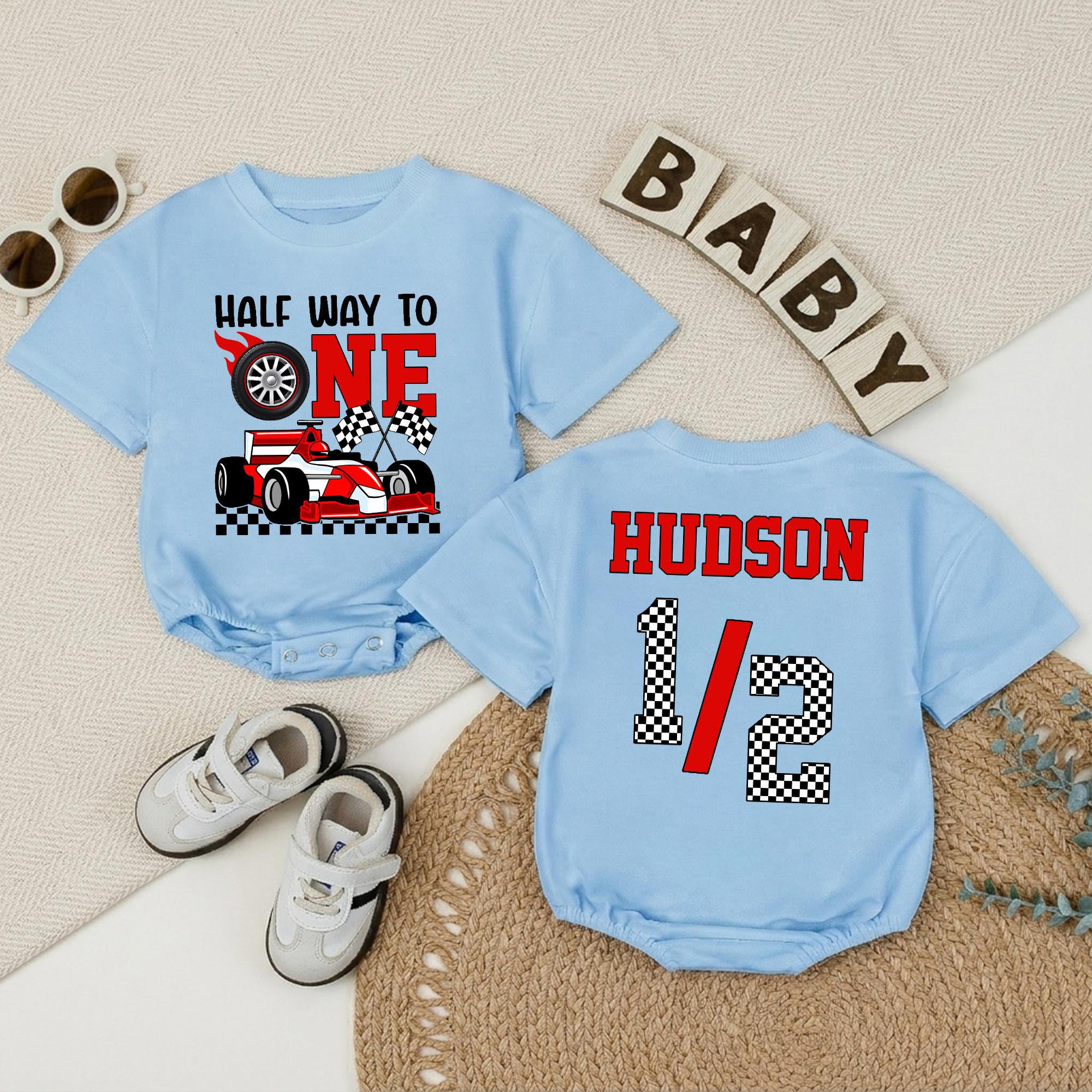 Custom Baby Racing Half Birthday Romper, Half Way to One Outfit with Race Car Design, Soft Cotton Short or Long Sleeve, 6 Month Gift
