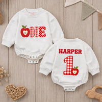 Custom Baby Romper with Apple and Gingham 'One' Design, Personalized for First Birthday, Cake Smash Outfit, Soft Cotton Fall Babywear