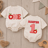 Custom Baby Romper with Apple and Gingham 'One' Design, Personalized for First Birthday, Cake Smash Outfit, Soft Cotton Fall Babywear