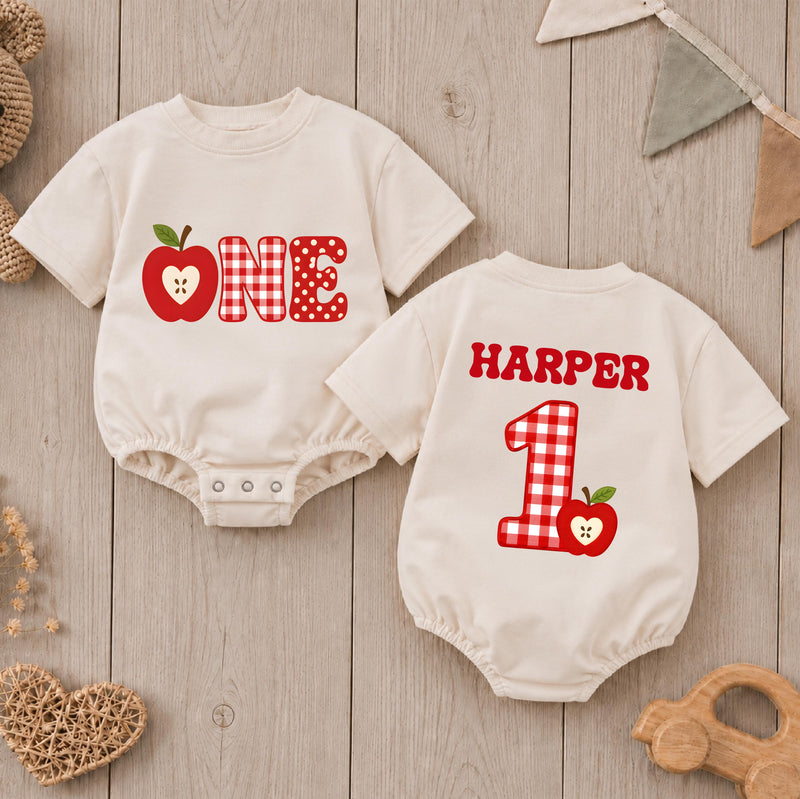 Custom Baby Romper with Apple and Gingham 'One' Design, Personalized for First Birthday, Cake Smash Outfit, Soft Cotton Fall Babywear