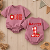 Custom Baby Romper with Apple and Gingham 'One' Design, Personalized for First Birthday, Cake Smash Outfit, Soft Cotton Fall Babywear