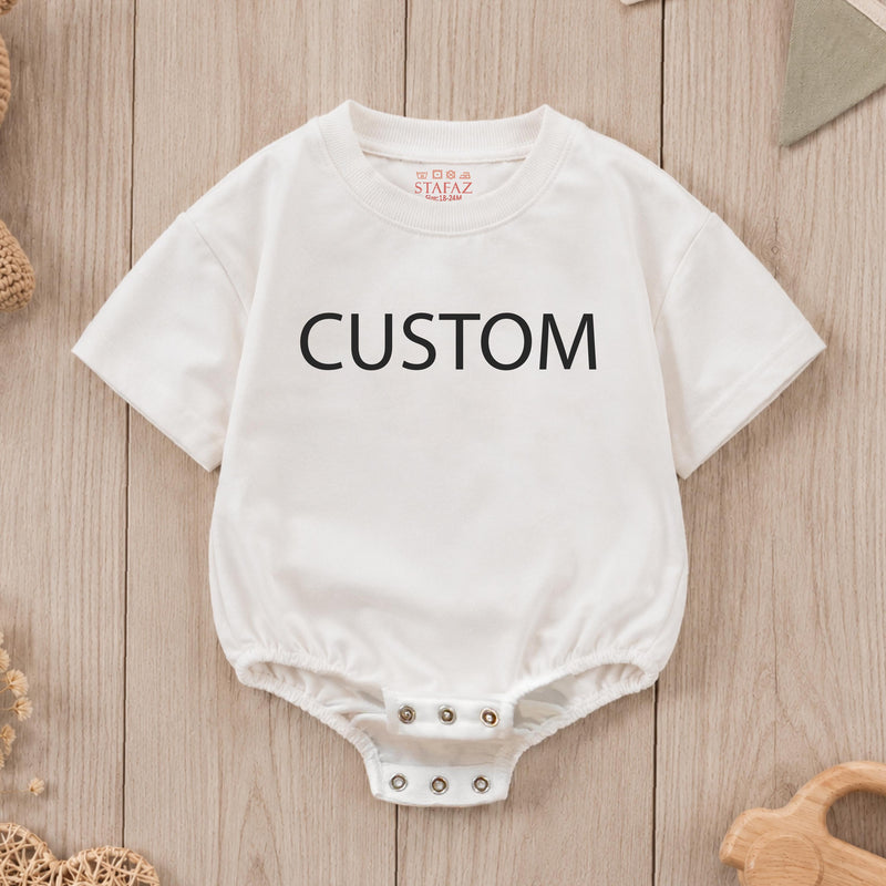 Custom baby romper with bold text print, soft cotton for sensitive skin, matching family outfit for birthdays, holidays, or baby showers