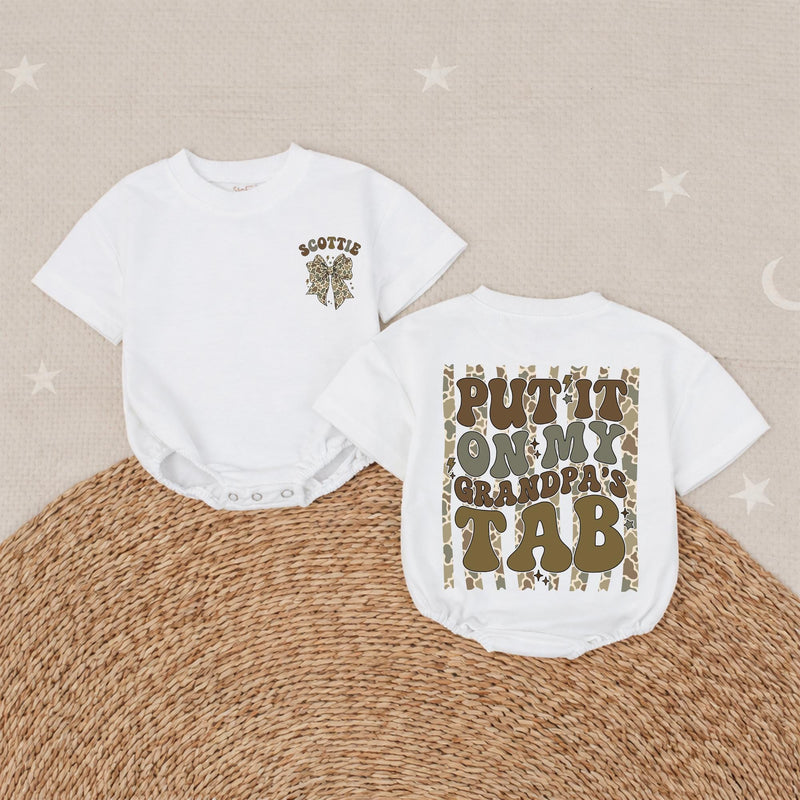 Custom Baby Romper with Camo Bow and 'Put It On My Grandpa's Tab' Design, Soft Cotton Outfit for Matching Family Photos or Milestone Events