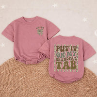 Custom Baby Romper with Camo Bow and 'Put It On My Grandpa's Tab' Design, Soft Cotton Outfit for Matching Family Photos or Milestone Events