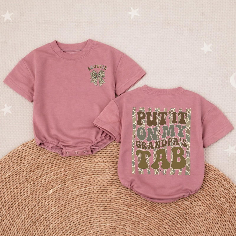 Custom Baby Romper with Camo Bow and 'Put It On My Grandpa's Tab' Design, Soft Cotton Outfit for Matching Family Photos or Milestone Events