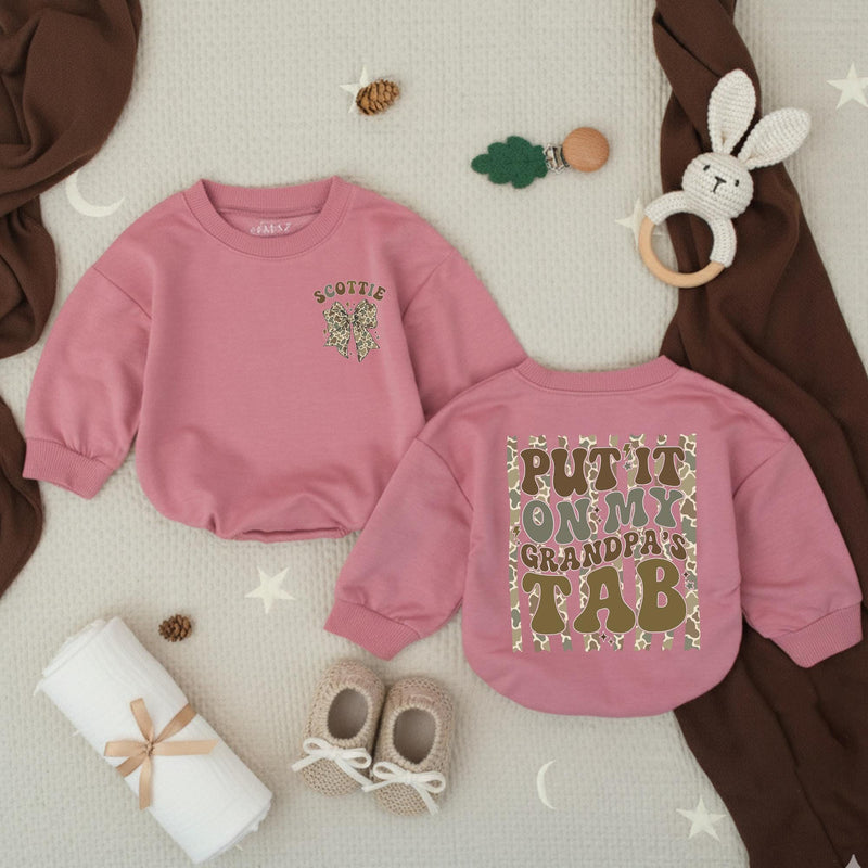 Custom Baby Romper with Camo Bow and 'Put It On My Grandpa's Tab' Design, Soft Cotton Outfit for Matching Family Photos or Milestone Events
