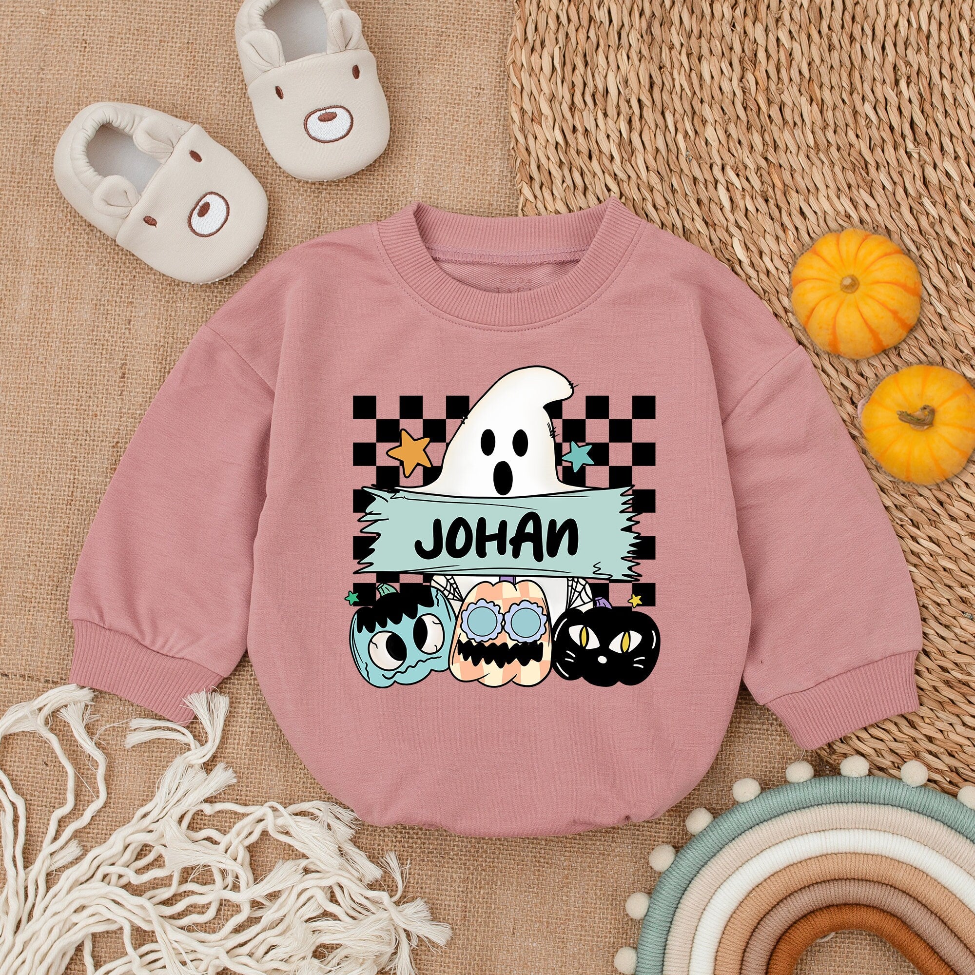 Custom Baby Romper with Cute Ghost and Pumpkins Halloween Design Personalized with Name Johan Soft Cotton First Holiday Outfit