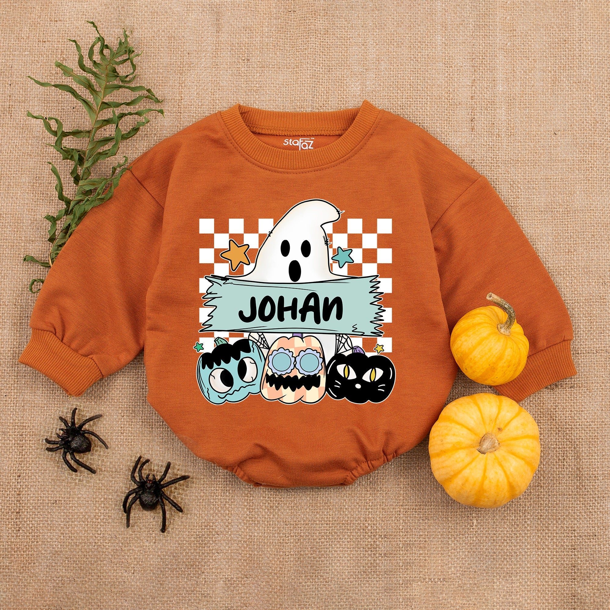 Custom Baby Romper with Cute Ghost and Pumpkins Halloween Design Personalized with Name Johan Soft Cotton First Holiday Outfit