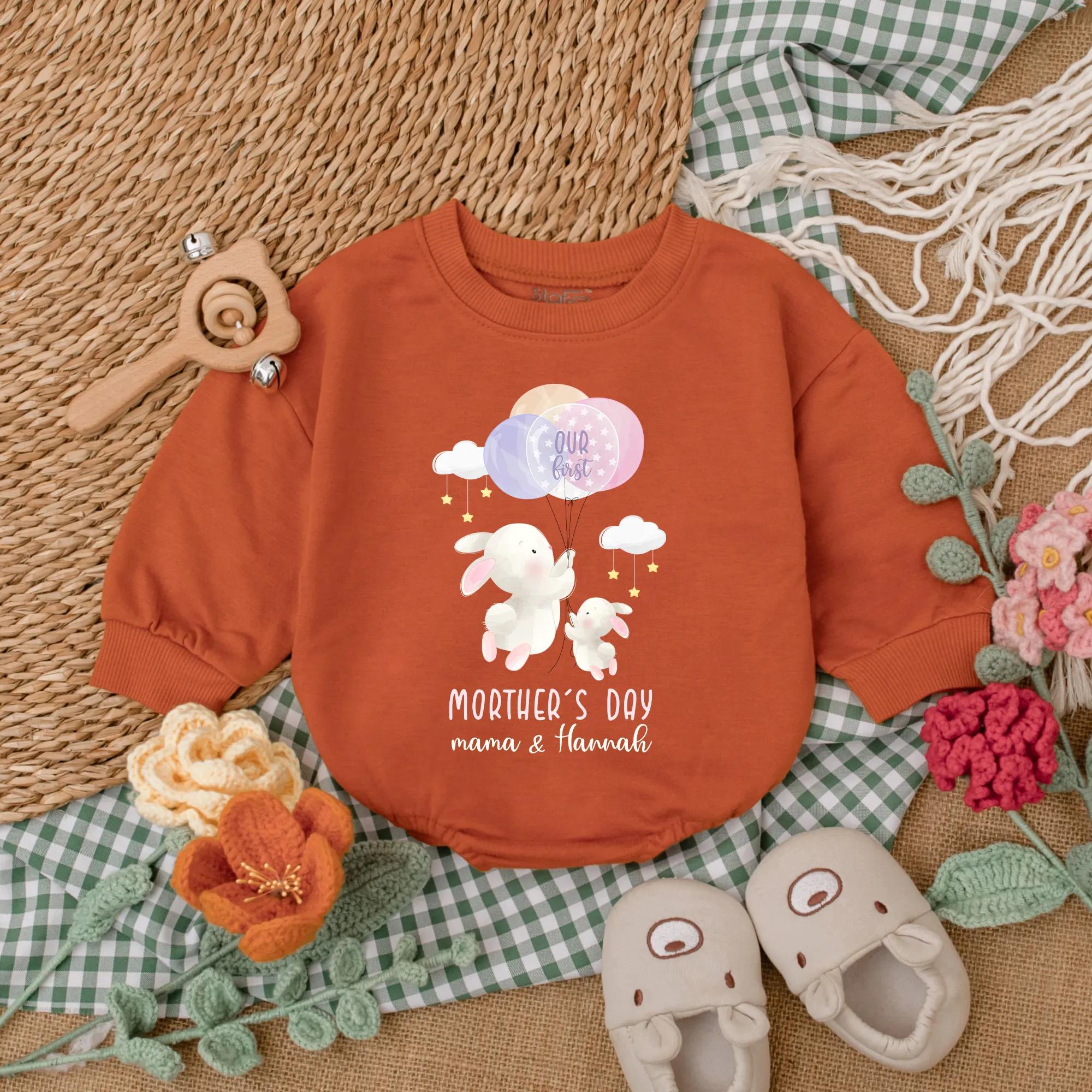 Custom Baby Romper First Mother's Day Outfit with Bunnies and Balloons Soft Cotton Personalized New Mom Gift