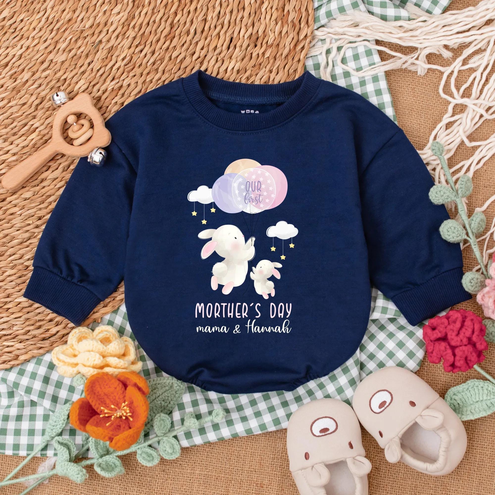Custom Baby Romper First Mother's Day Outfit with Bunnies and Balloons Soft Cotton Personalized New Mom Gift