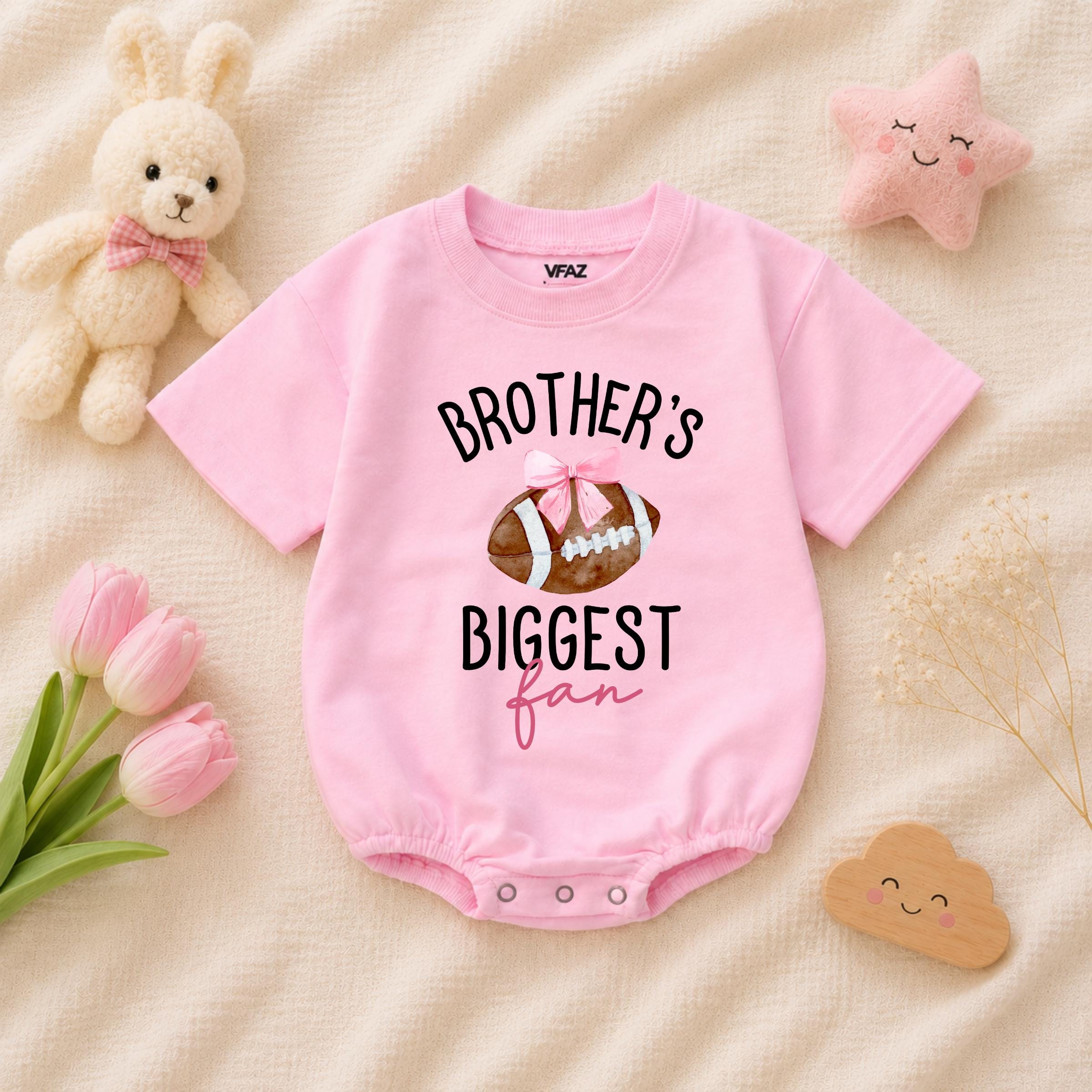 Custom Baby Romper for Game Day with Football Design, Pink Bow, Brother's Biggest Fan Text, Soft Cotton Outfit for Newborn Girls