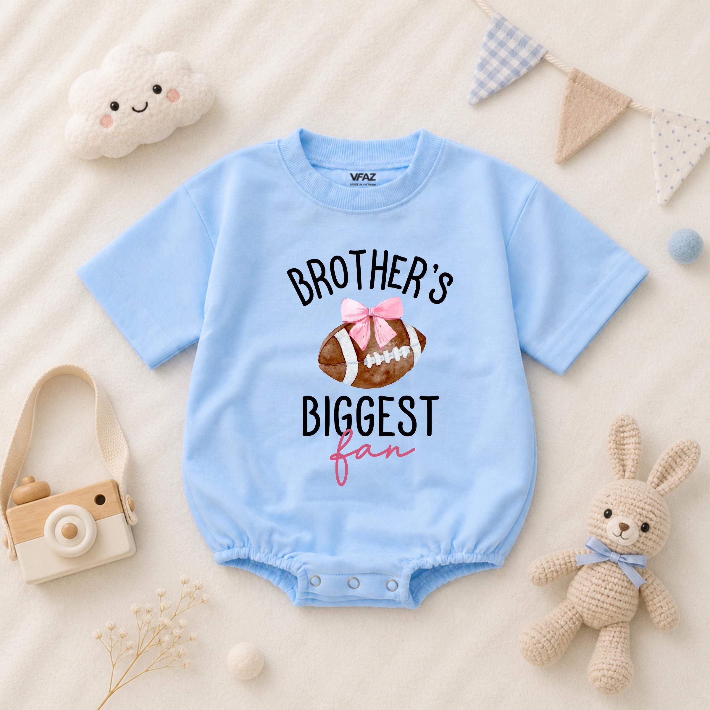 Custom Baby Romper for Game Day with Football Design, Pink Bow, Brother's Biggest Fan Text, Soft Cotton Outfit for Newborn Girls