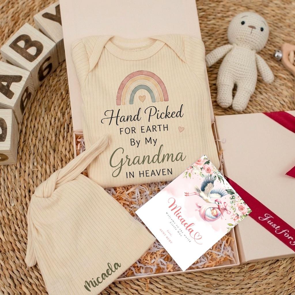 Custom Baby Romper with Hand Picked for Earth by My Grandma in Heaven Rainbow Design, Soft Cotton Long Sleeve Outfit, Baby Shower Gift
