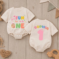 Custom Baby Romper with 'It's Fun to Be One' Artwork, Personalized Name, Soft Cotton, Vibrant Colors, Perfect First Birthday Outfit