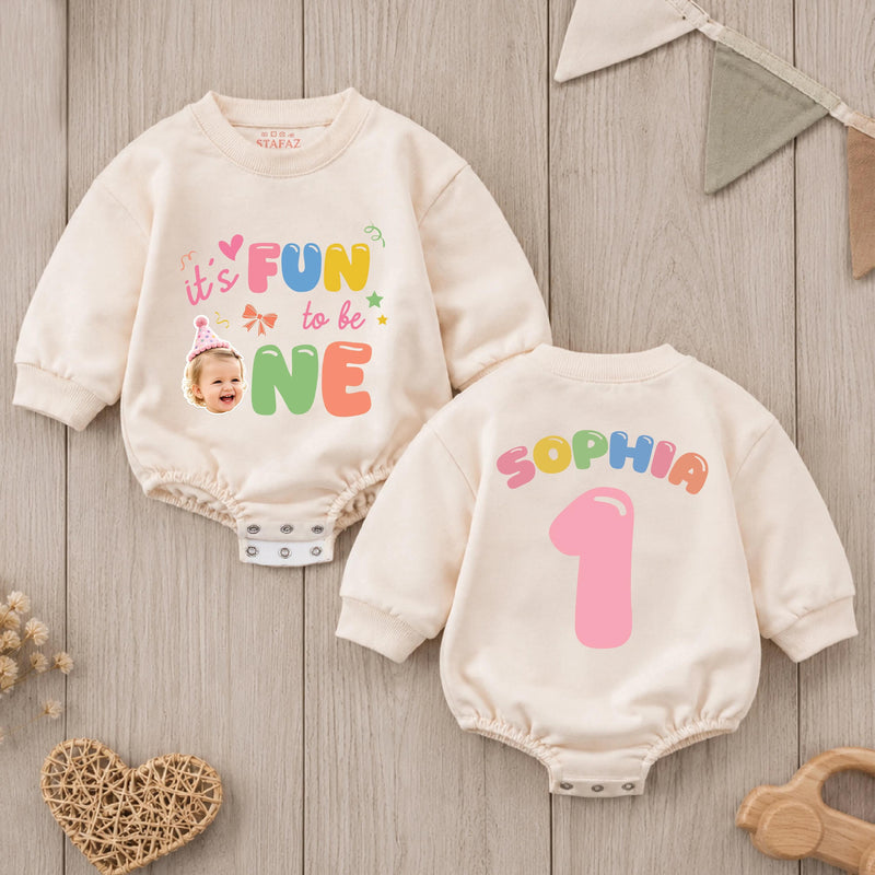 Custom Baby Romper with 'It's Fun to Be One' Artwork, Personalized Name, Soft Cotton, Vibrant Colors, Perfect First Birthday Outfit