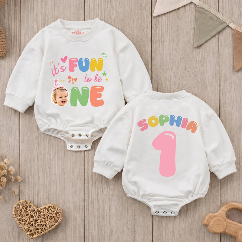 Custom Baby Romper with 'It's Fun to Be One' Artwork, Personalized Name, Soft Cotton, Vibrant Colors, Perfect First Birthday Outfit