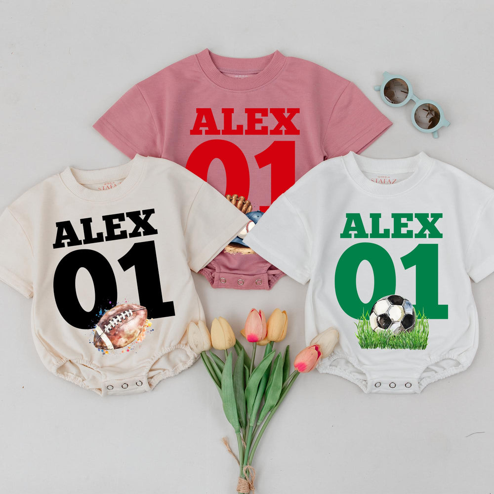 Custom Baby Romper with Name and Number Alex 01 Sports Design Football Baseball Soccer Baby Gameday Outfit Boy Girl Cotton Gift