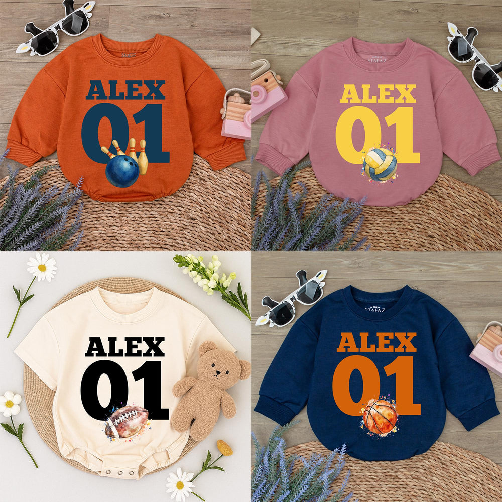 Custom Baby Romper with Name and Number Alex 01 Sports Design Football Baseball Soccer Baby Gameday Outfit Boy Girl Cotton Gift
