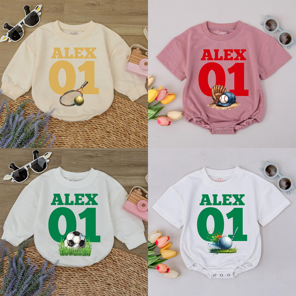 Custom Baby Romper with Name and Number Alex 01 Sports Design Football Baseball Soccer Baby Gameday Outfit Boy Girl Cotton Gift