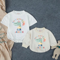 Custom Baby Romper with Party Animal Dinosaur Artwork, Personalized Name, Soft Cotton, Perfect for First Birthday Outfit or Cake Smash