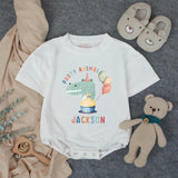 Custom Baby Romper with Party Animal Dinosaur Artwork, Personalized Name, Soft Cotton, Perfect for First Birthday Outfit or Cake Smash