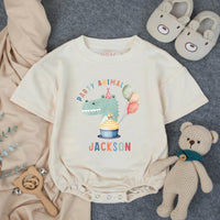 Custom Baby Romper with Party Animal Dinosaur Artwork, Personalized Name, Soft Cotton, Perfect for First Birthday Outfit or Cake Smash