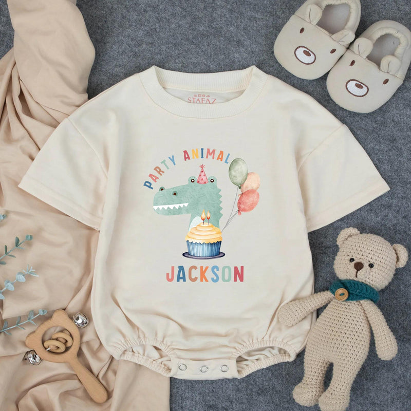 Custom Baby Romper with Party Animal Dinosaur Artwork, Personalized Name, Soft Cotton, Perfect for First Birthday Outfit or Cake Smash