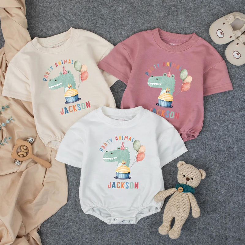 Custom Baby Romper with Party Animal Dinosaur Artwork, Personalized Name, Soft Cotton, Perfect for First Birthday Outfit or Cake Smash