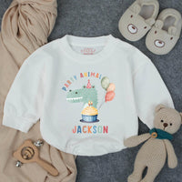 Custom Baby Romper with Party Animal Dinosaur Artwork, Personalized Name, Soft Cotton, Perfect for First Birthday Outfit or Cake Smash