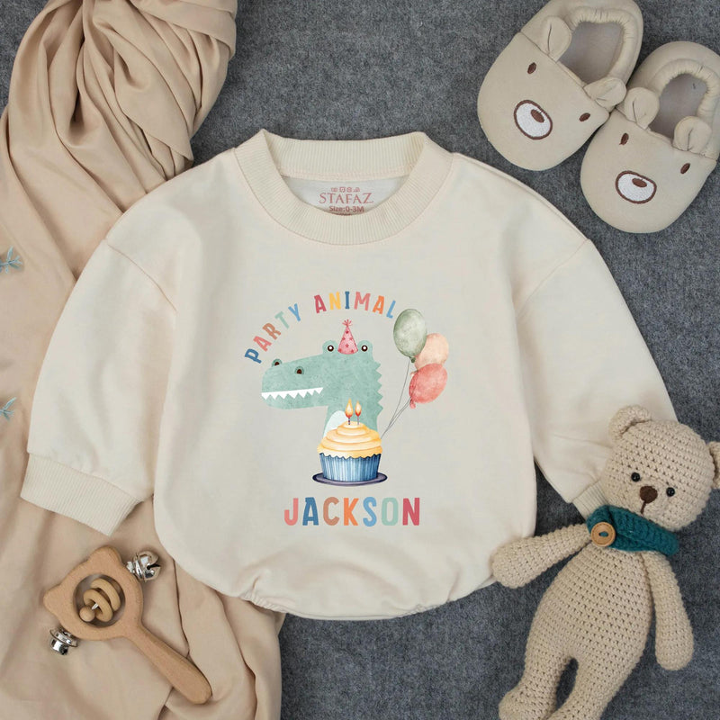 Custom Baby Romper with Party Animal Dinosaur Artwork, Personalized Name, Soft Cotton, Perfect for First Birthday Outfit or Cake Smash